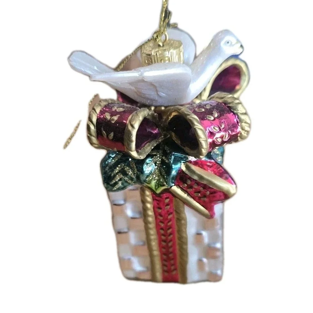 NIB Fitz & Floyd Gift Box Dove Glass Christmas Ornament Bow Cottagecore VTG INSP